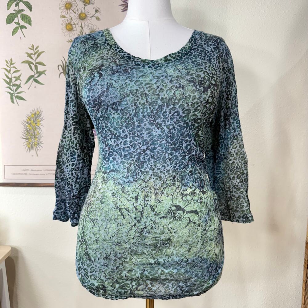Sheer Leopard Floral Print 3/4 Sleeve Top Fairy Grunge Trashy McBling Boho XL